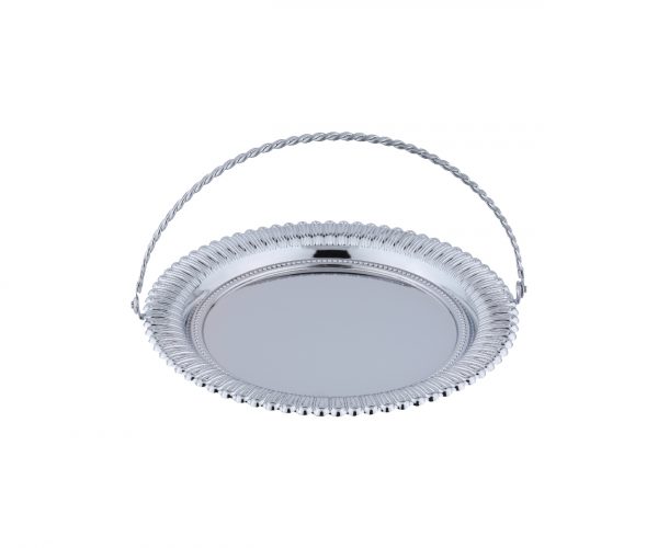 Round chrome serving platter in bright silver for sweets