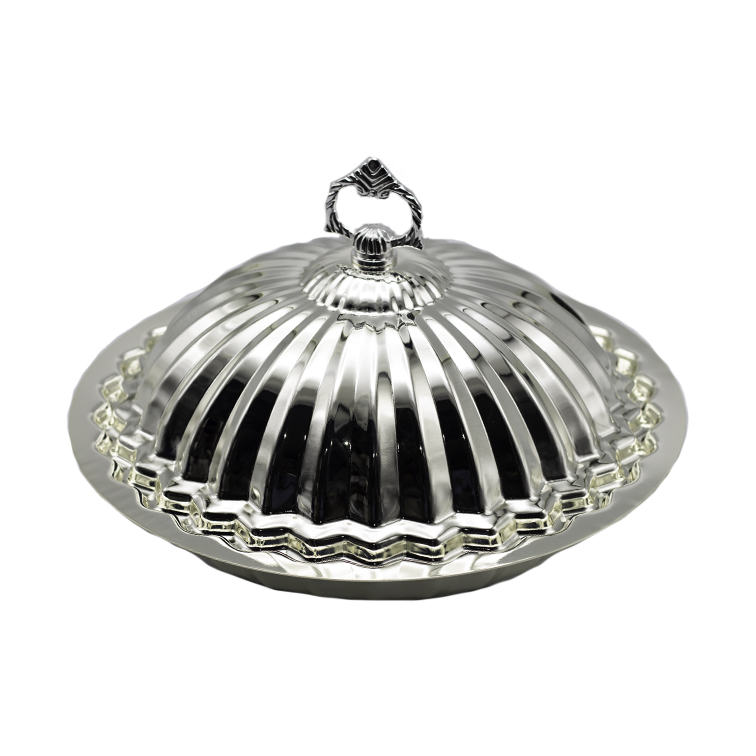 Medium silver Gawzi dome food cover with scalloped edge