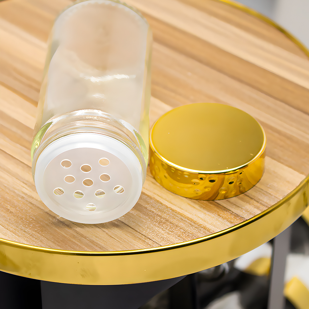 Gold 12-jar spice rack set with stand  glass wood and steel