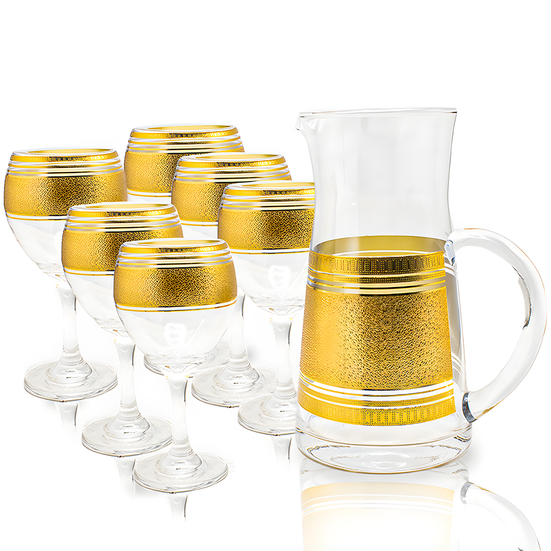 Glass jug and cups set with gold-trimmed edges
