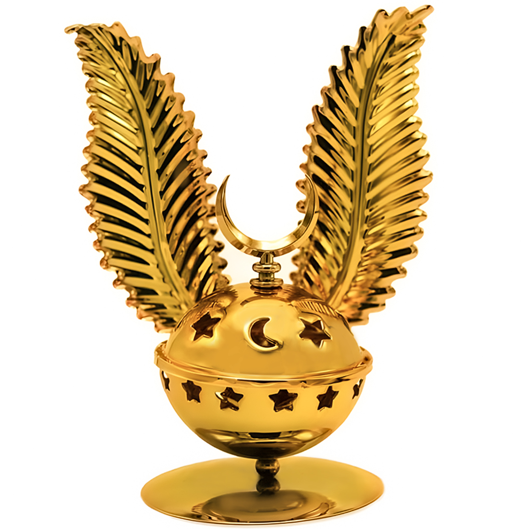 Crescent gold bakhoor burner with carved geometric design