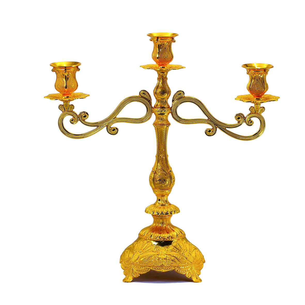 Gold crystal 3-arm candle holder with engraved base
