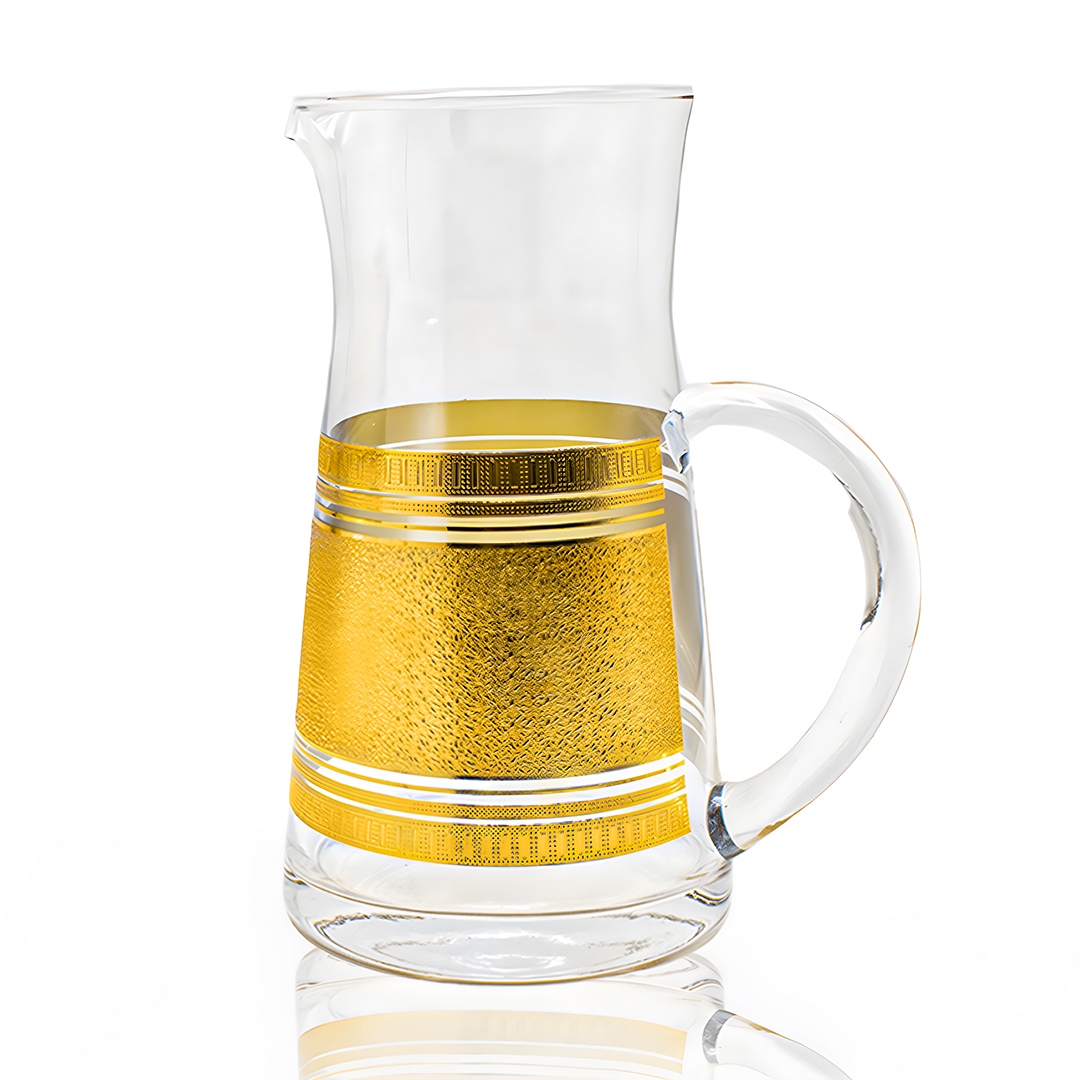 Glass jug and cups set with gold-trimmed edges