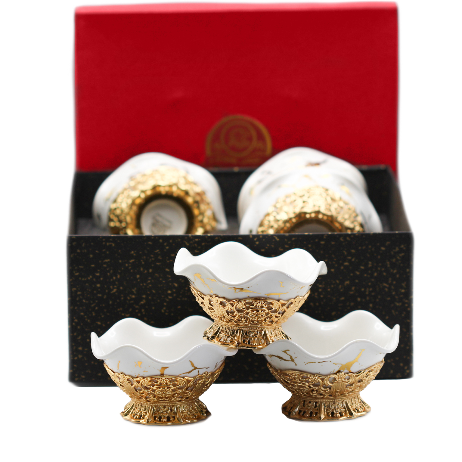 White dessert serving set of 6 pieces on a glossy round base - Alsaifw