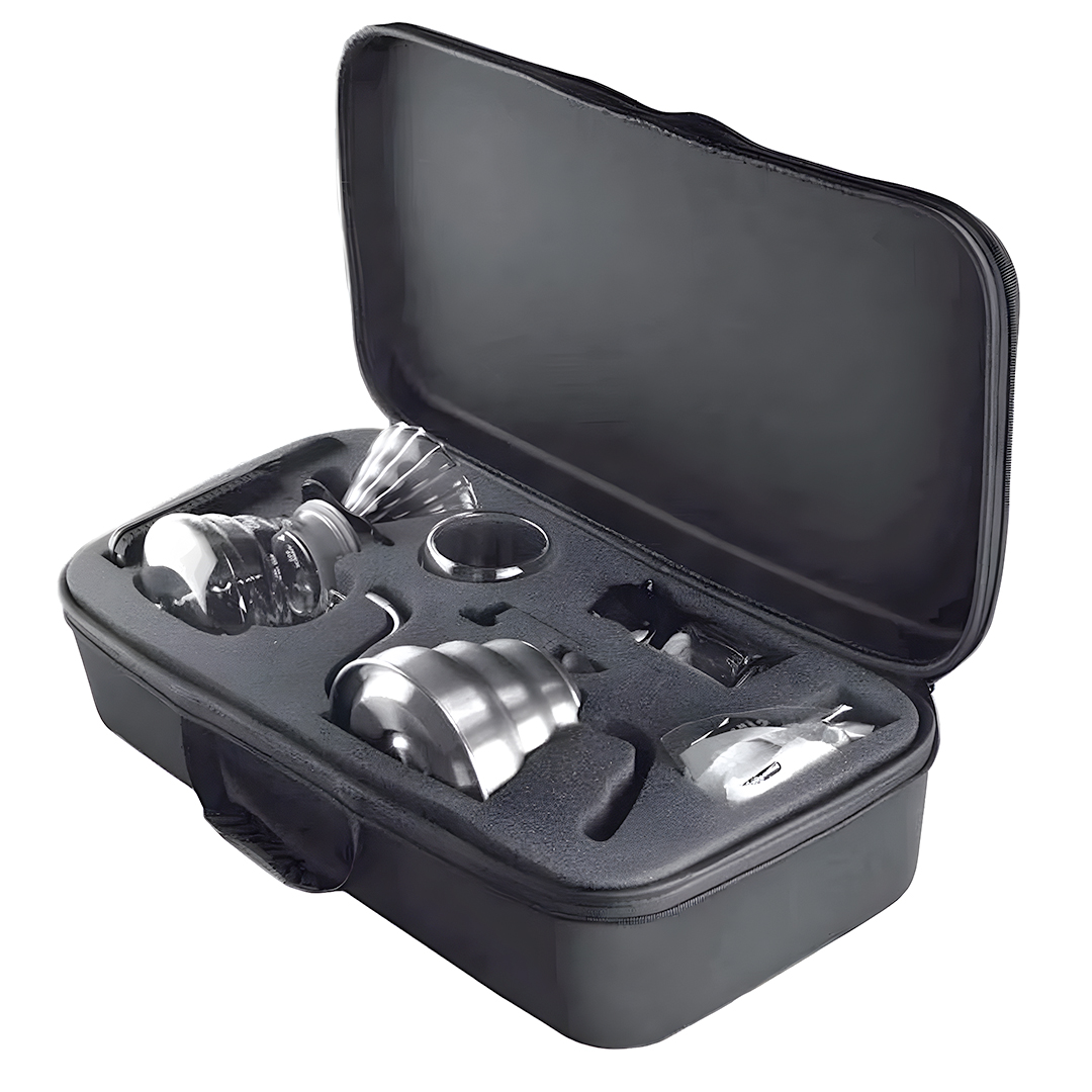 Black specialty coffee kit bag with brewing tools