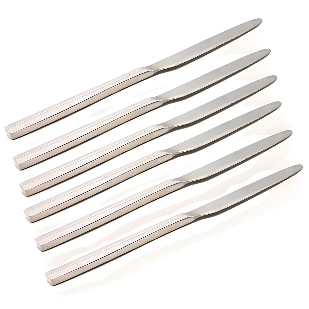 Engraved steel dinner knife set  silver  6pc