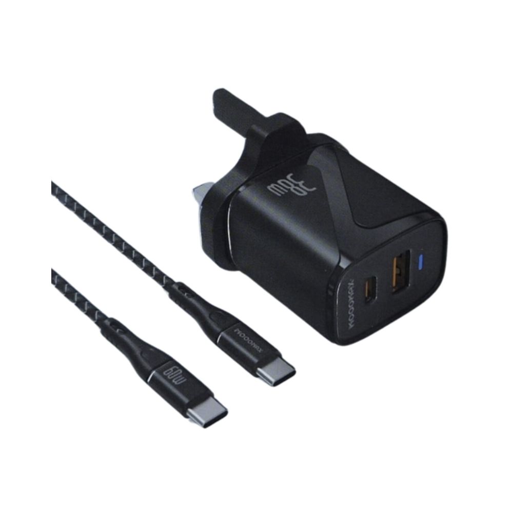 شاحن جداري 38w بمنفذين usb+PD مع كيبل PD موج ماكس
