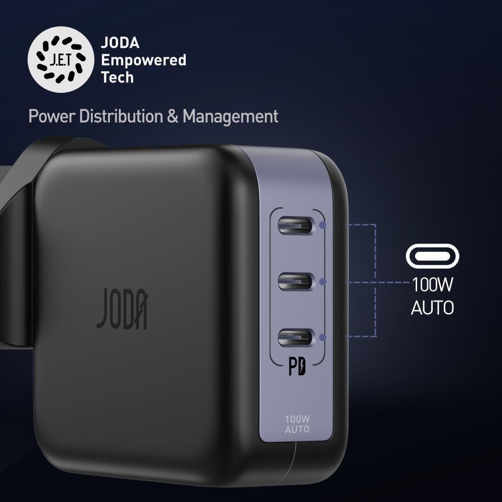 شاحن جداري  100 واط 3 منافذ PD أسود من JODA
