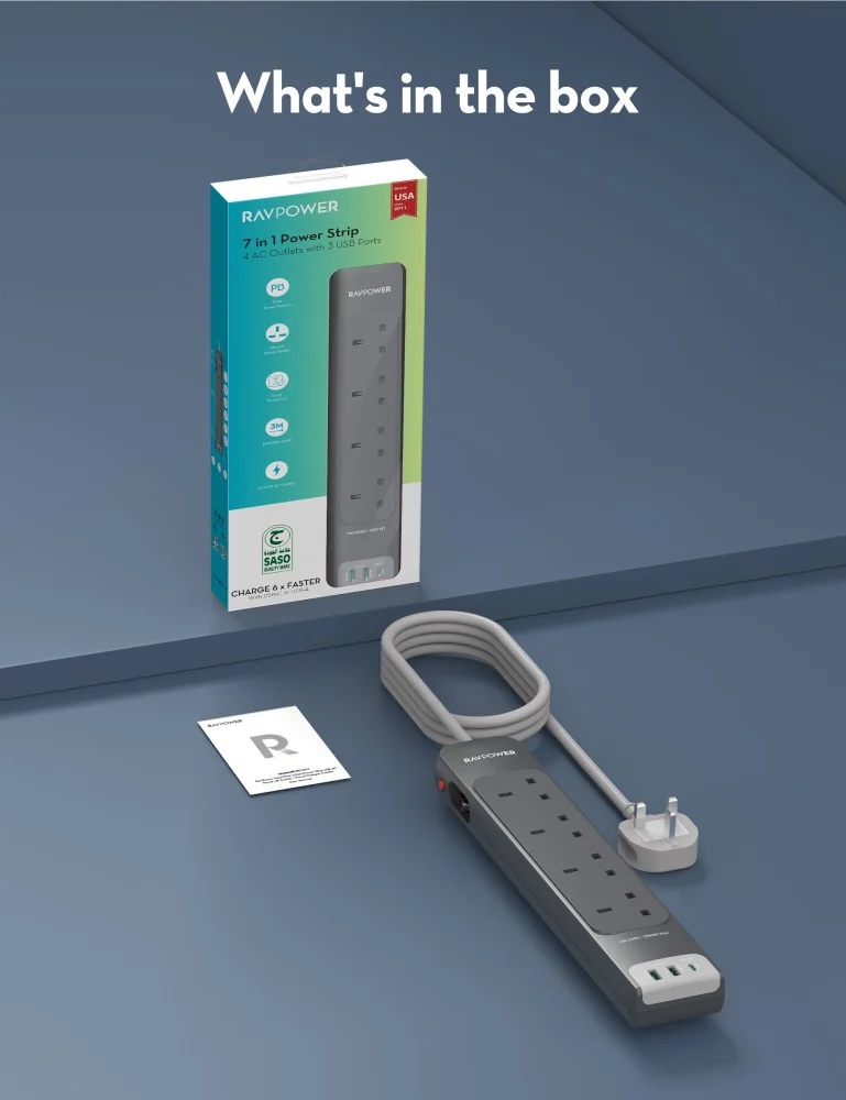 توصيلة راف باور 4 منافذ طاقة ومنفذين USB ومنفذ PD بطول 3 متر