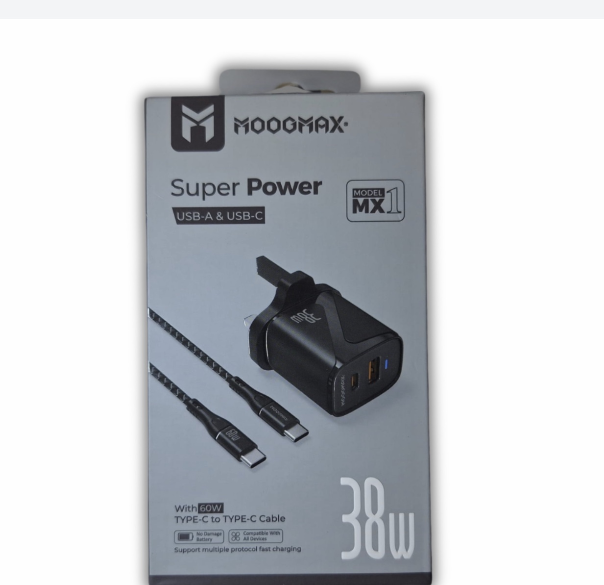 شاحن جداري 38w بمنفذين usb+PD مع كيبل PD موج ماكس