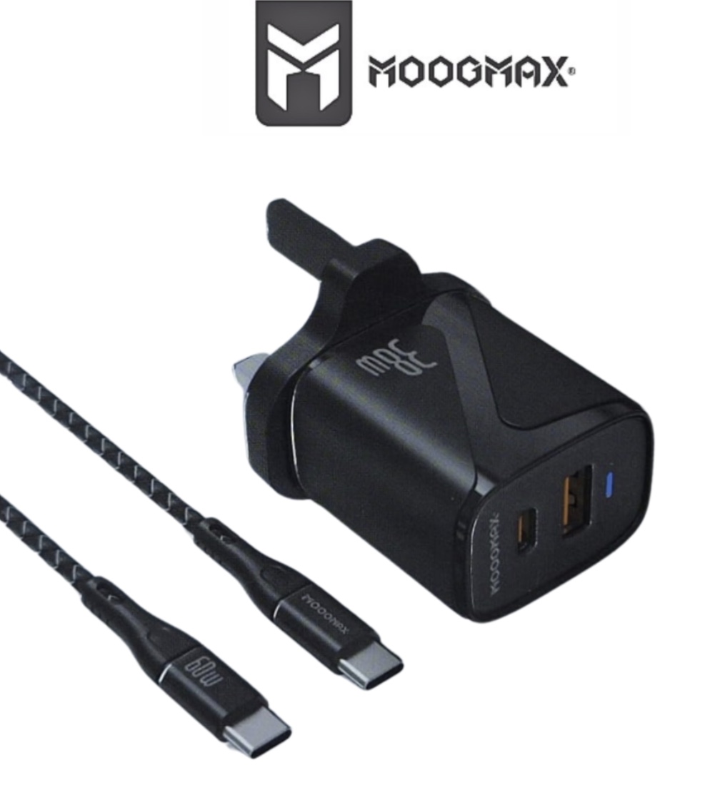 شاحن جداري 38w بمنفذين usb+PD مع كيبل PD موج ماكس