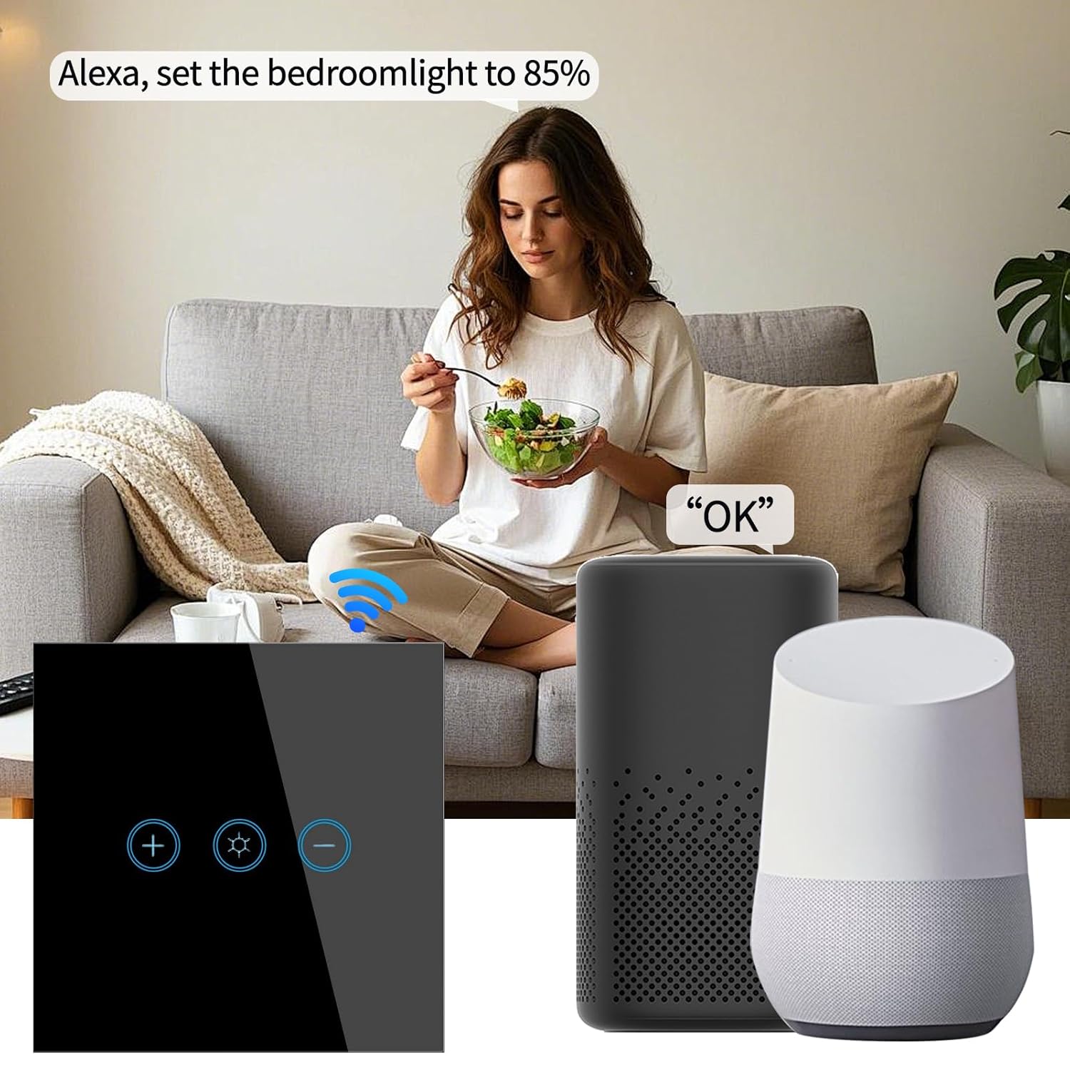  مفتاح تعتيم ديمر اضاءة ذكي 150 واط، WiFi لمس، اسود، متوافق مع اليكسا، تحكم عن بعد عن طريق تطبيق 