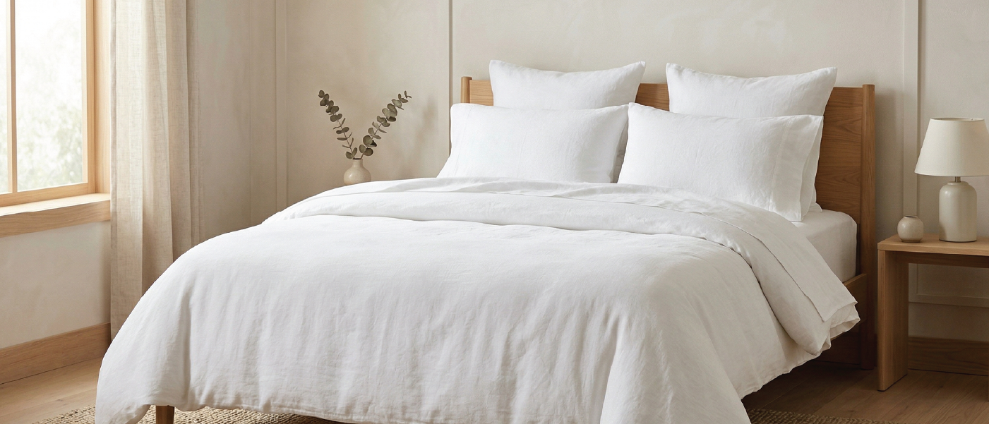A double hotel-style bedding with custom embroidery