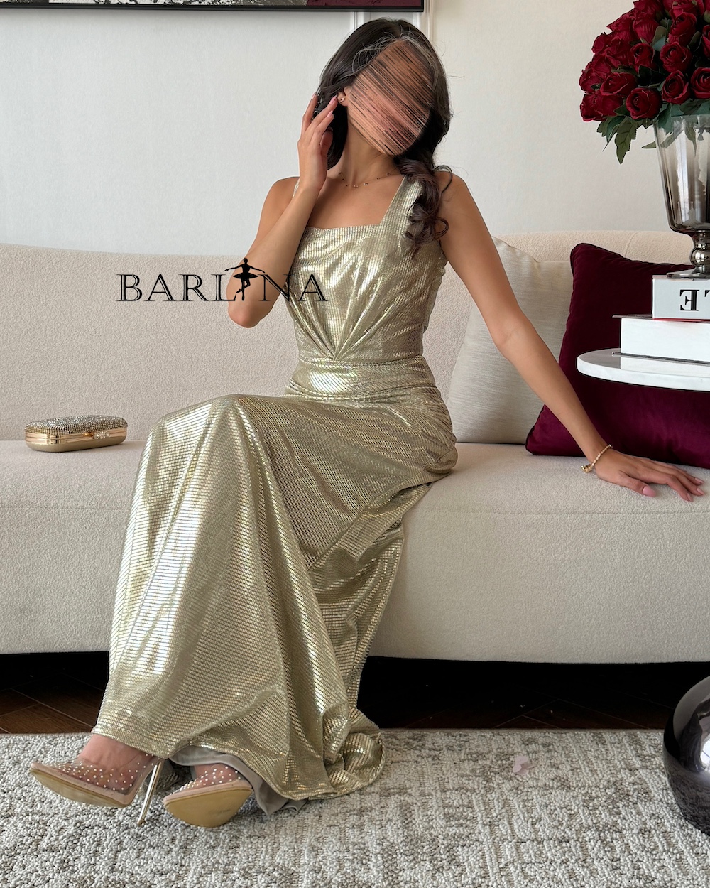 Gold Shiny Maxi Dress with Open Back