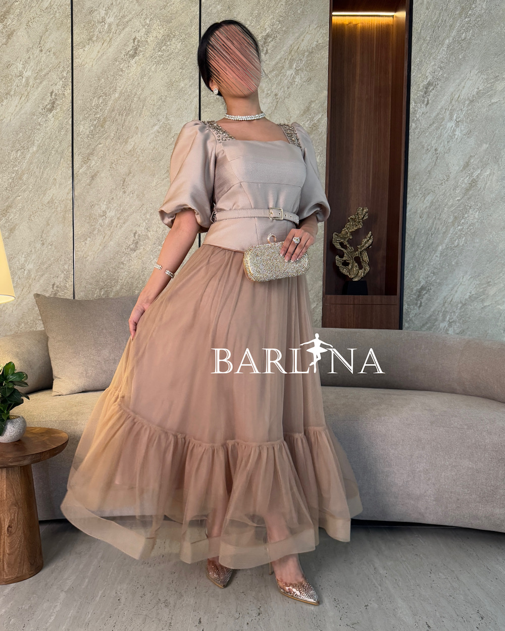 Light brown puff sleeve dress with belt