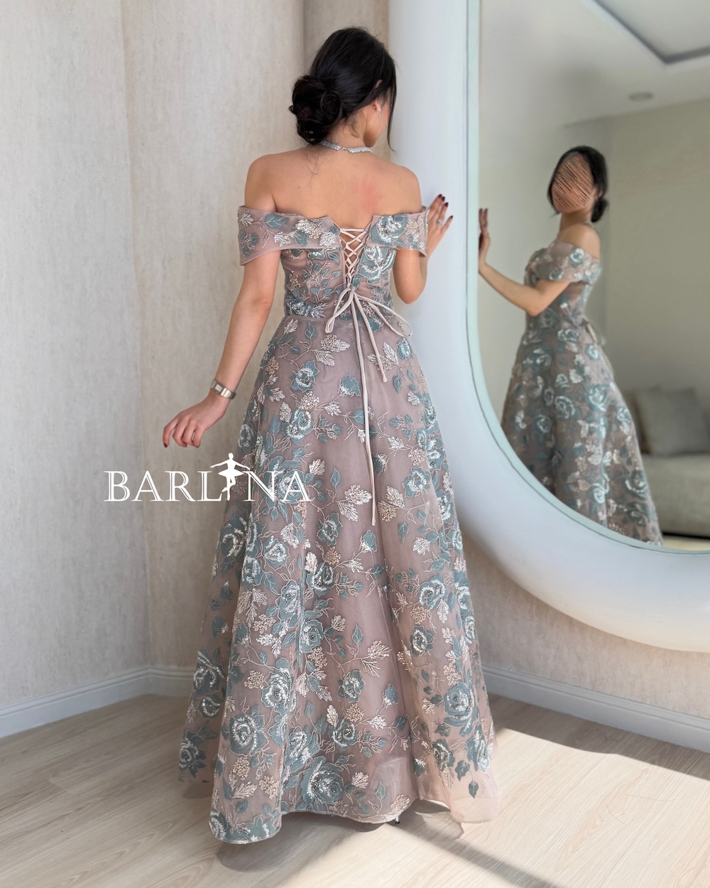 Nude embroidered floral off-shoulder dress