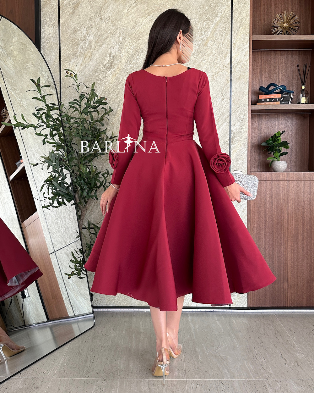 white christmas dresses V-Neck Cut-Out Long Sleeves Wide Straps Pleated Satin Long Dress main image 0