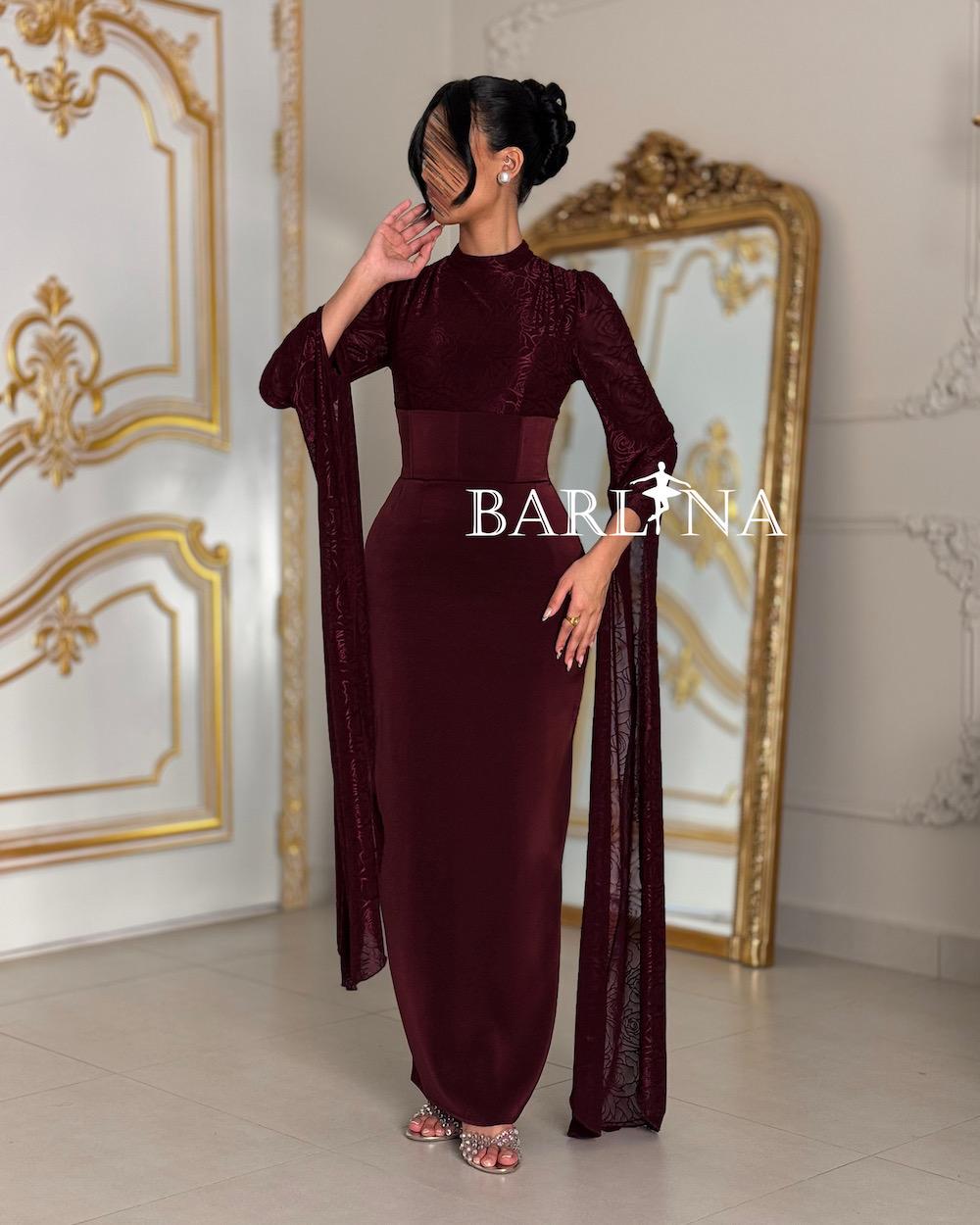 Long dress with sheer, draped sleeves