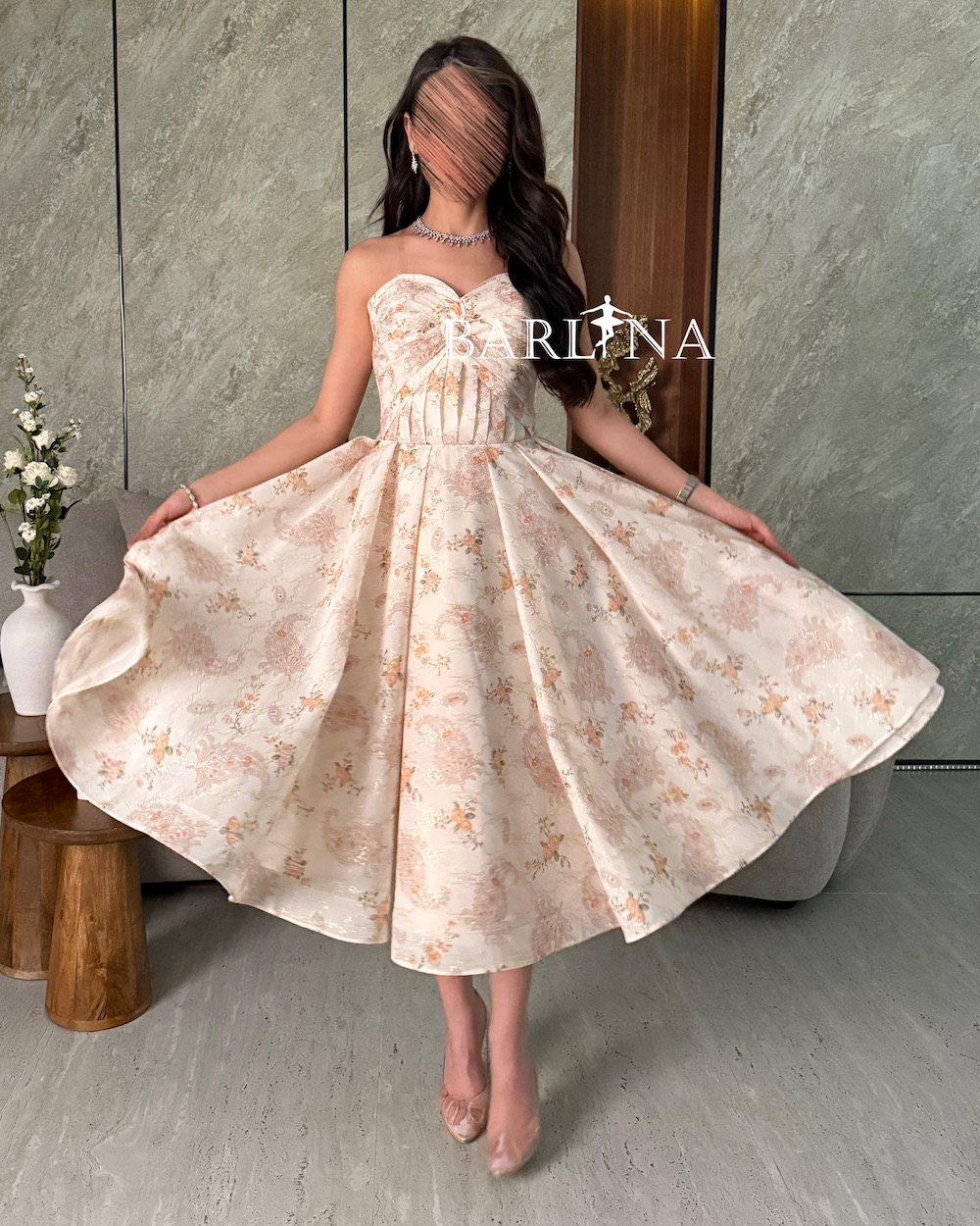Beige dress with soft pink prints
