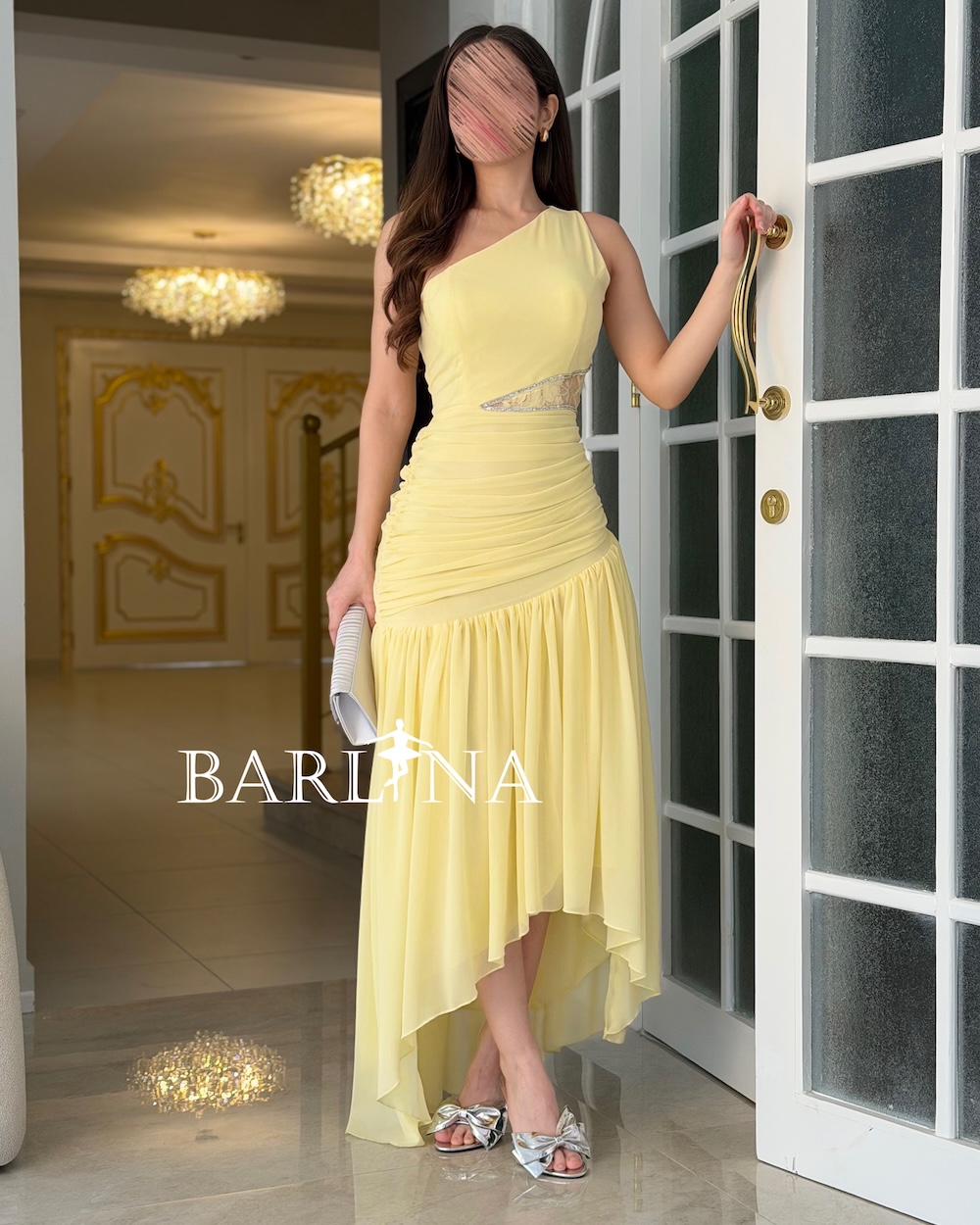 Yellow one-shoulder dress with gathered draping