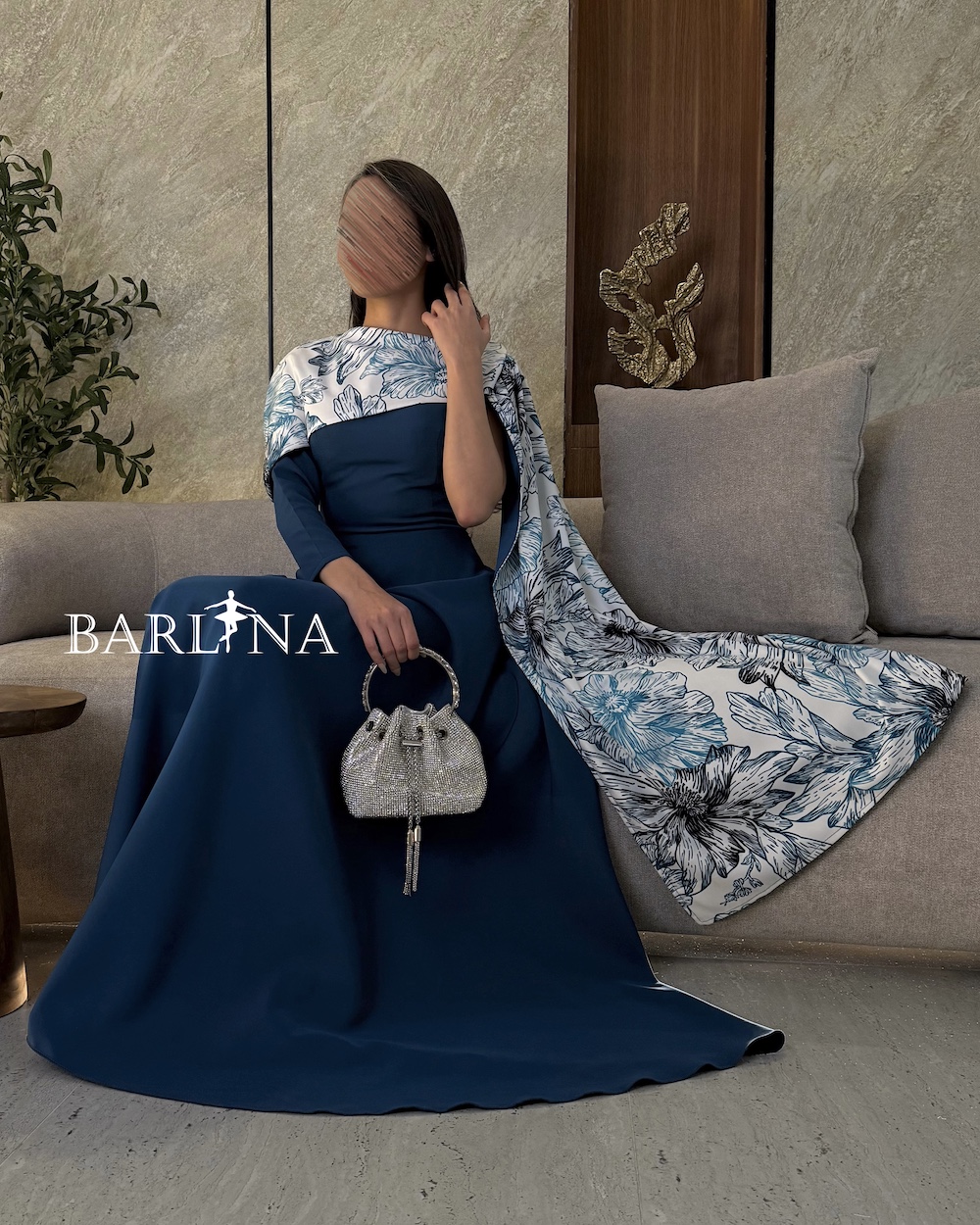Long petroleum dress with floral shawl