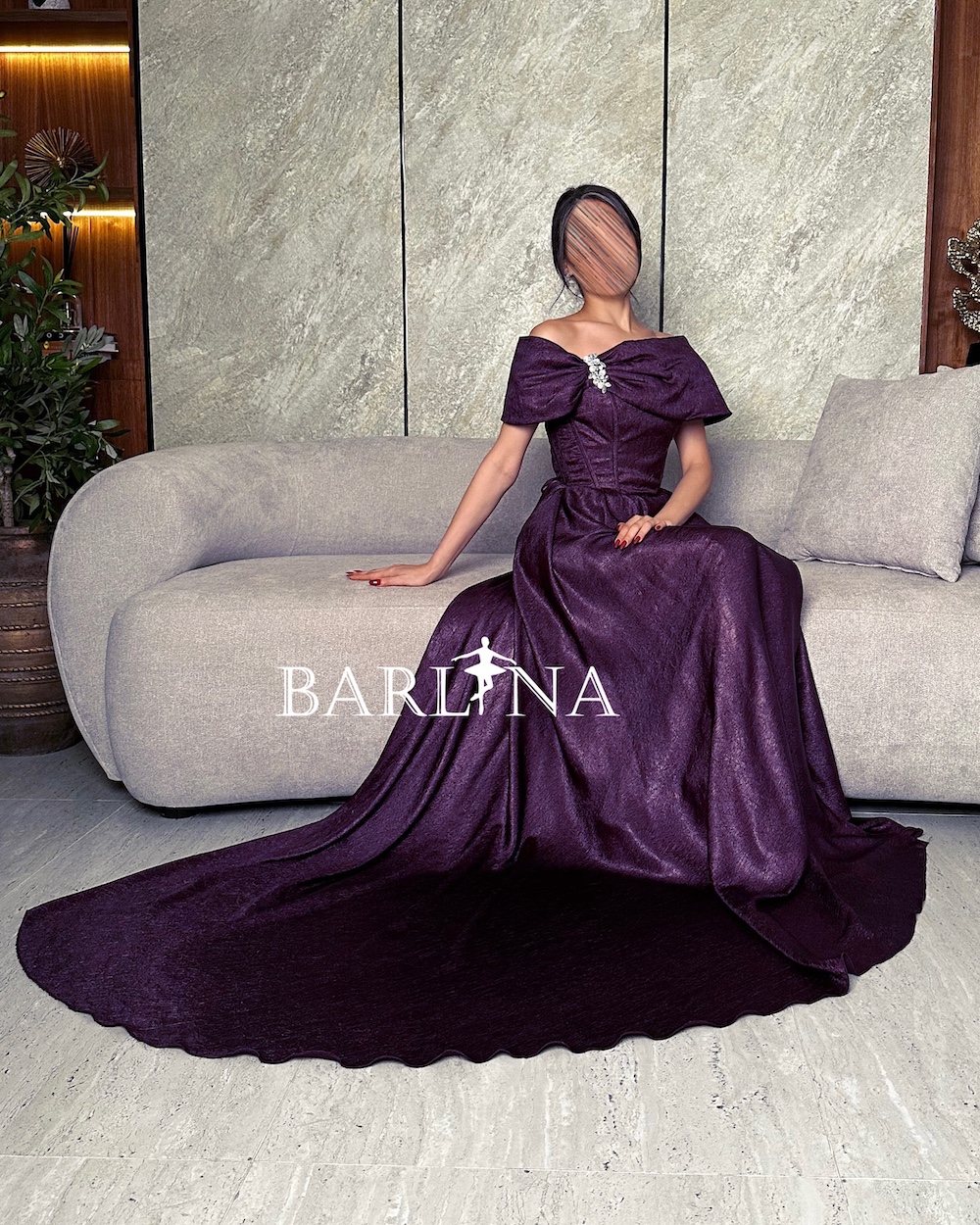 Off-shoulder purple long dress with a royal design