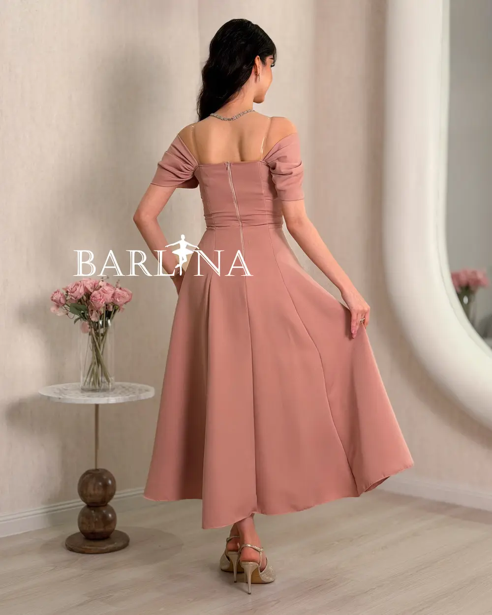 cream off the shoulder dress Lidia Off-Shoulder Pleated Midi Dress