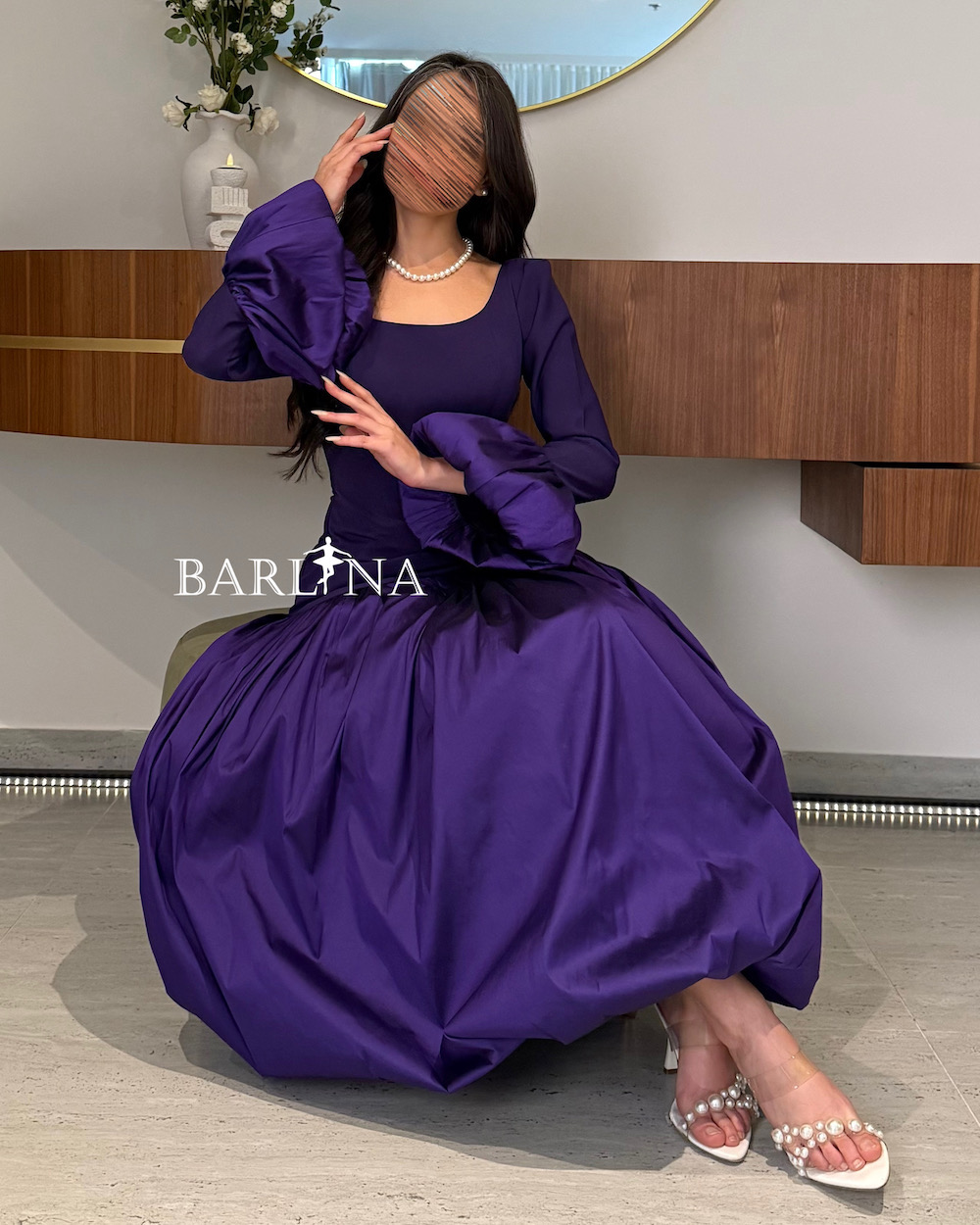 Royal purple dress with puffy sleeves