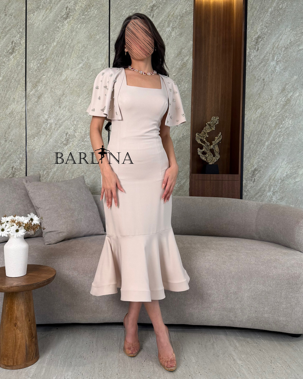 Beige tight dress with short cape design