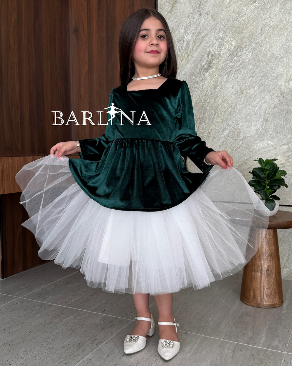 green emerald velvet dress Simple High Neck Velvet Green Long Flower Girl Dress 2 / Green