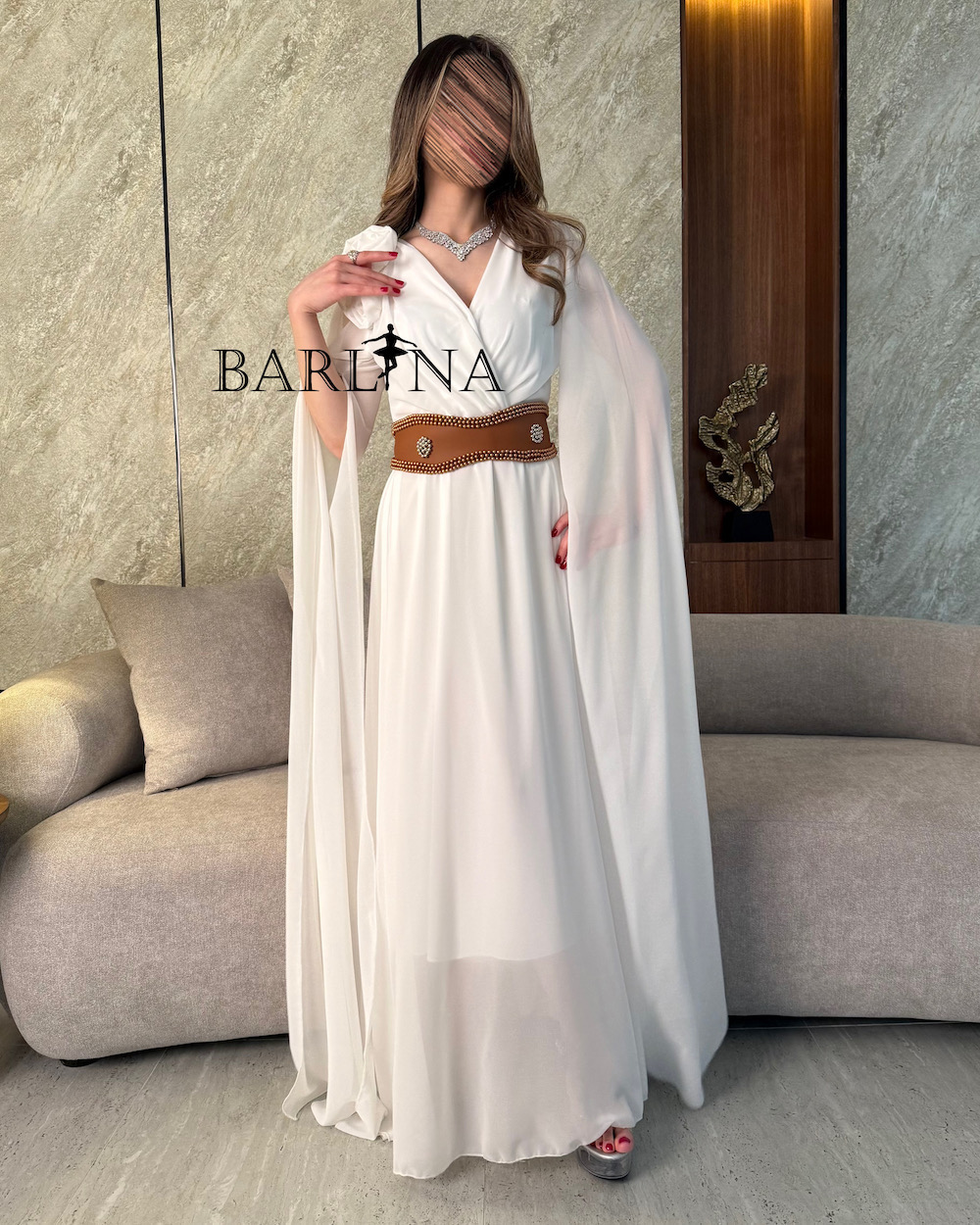 Royal white long dress with wide brown belt