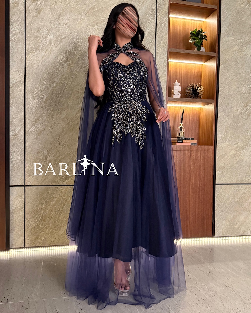 Navy blue evening dress with a separate sheer tulle piece
