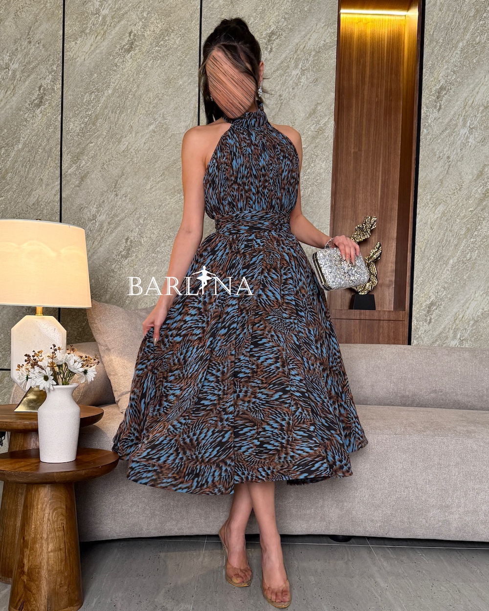 Brown and blue patterned halter neck dress