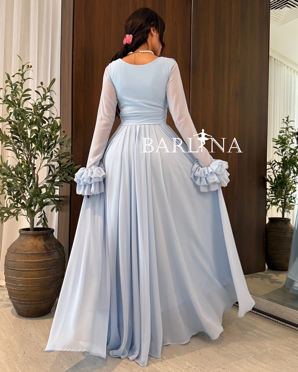 Sky blue long dress with ruffled sleeves