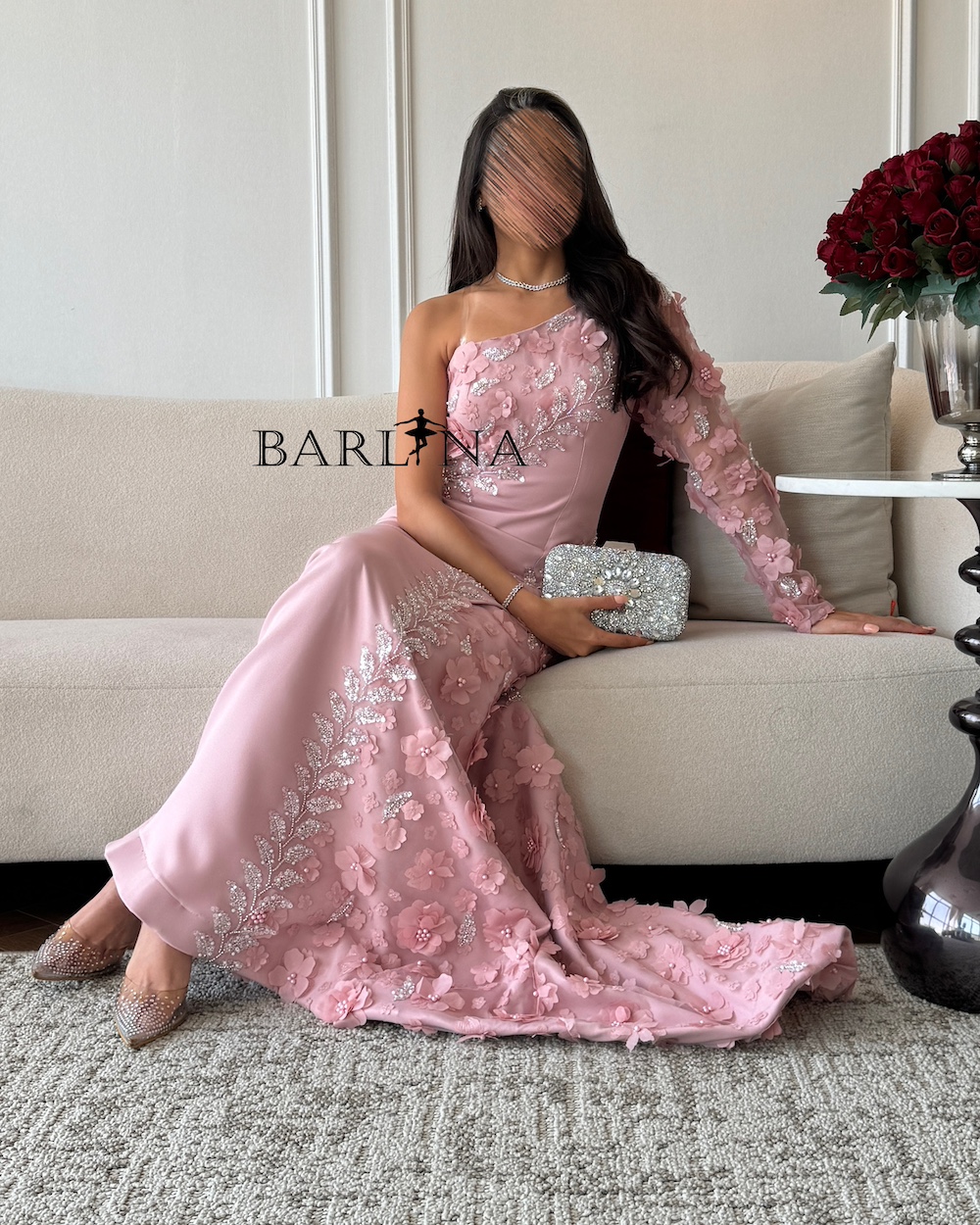 Pink one sleeve sheer dress with floral embroidered