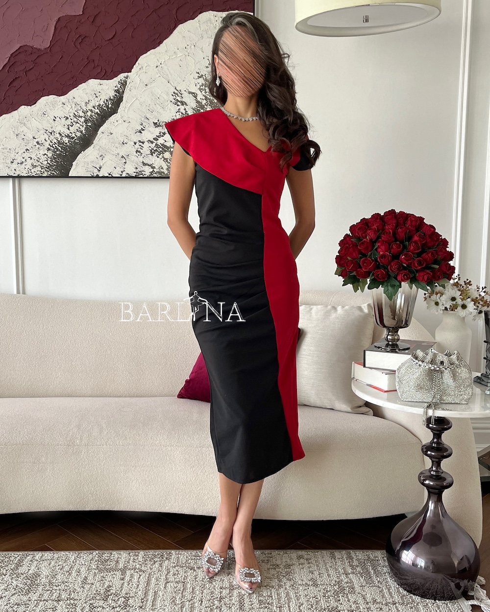 فستان ميدي ثنائي اللون بياقة مائلة - XL
