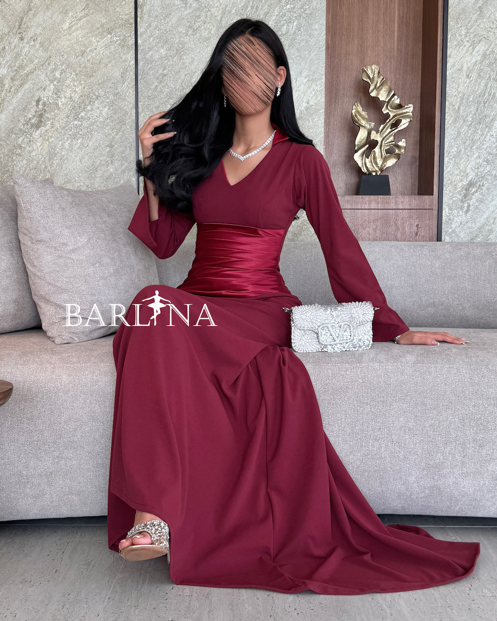 open lace back dress Burgundy Off Shoulder Sequins Sheath Long Sleeves Prom Dress with Feather