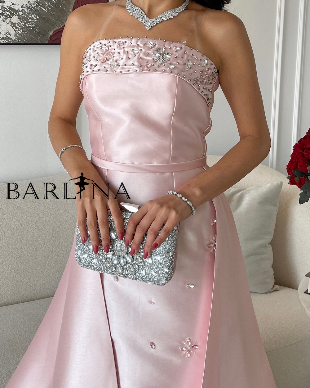 Pink Mikado Evening Dress with Sparkling Crystals