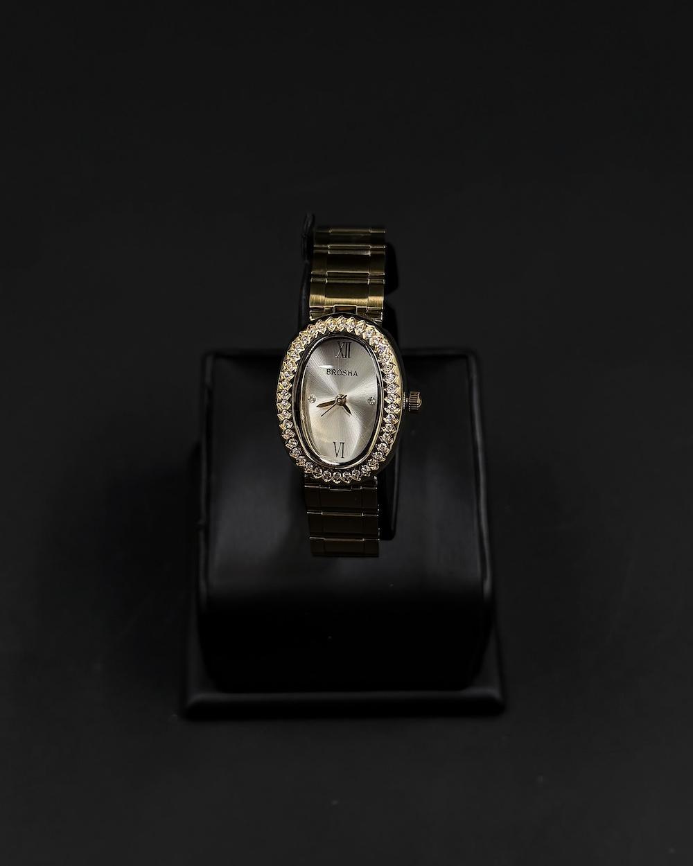 An oval-shaped watch surrounded by crystal