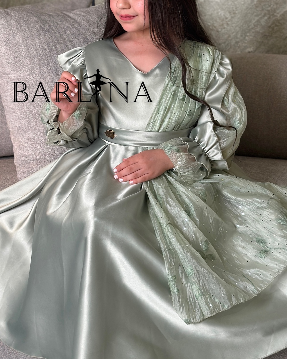 Girls light green dress with embellished shawl
