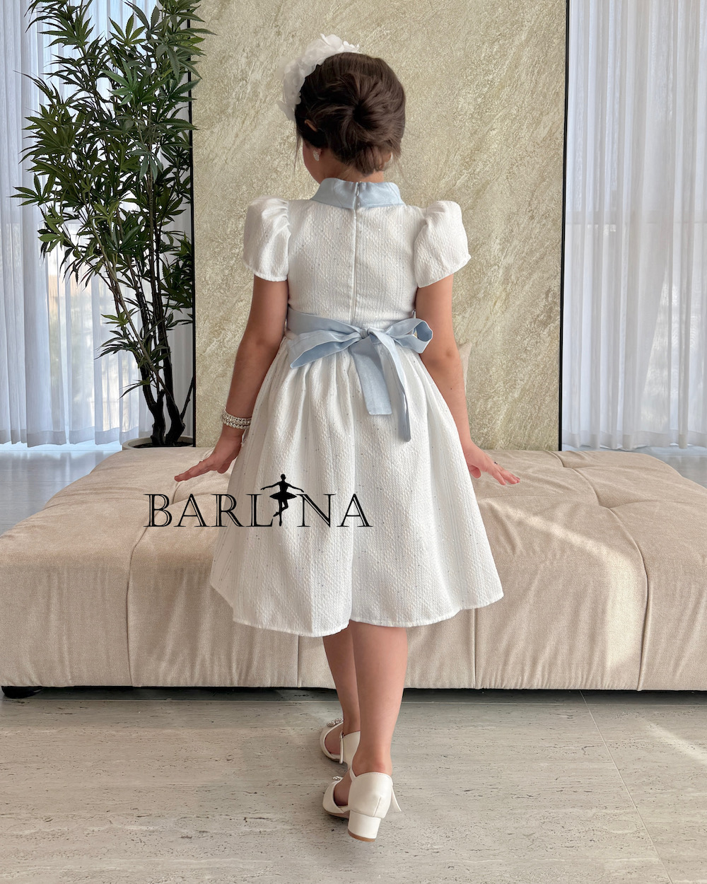 Girls white dress with blue collar and belt