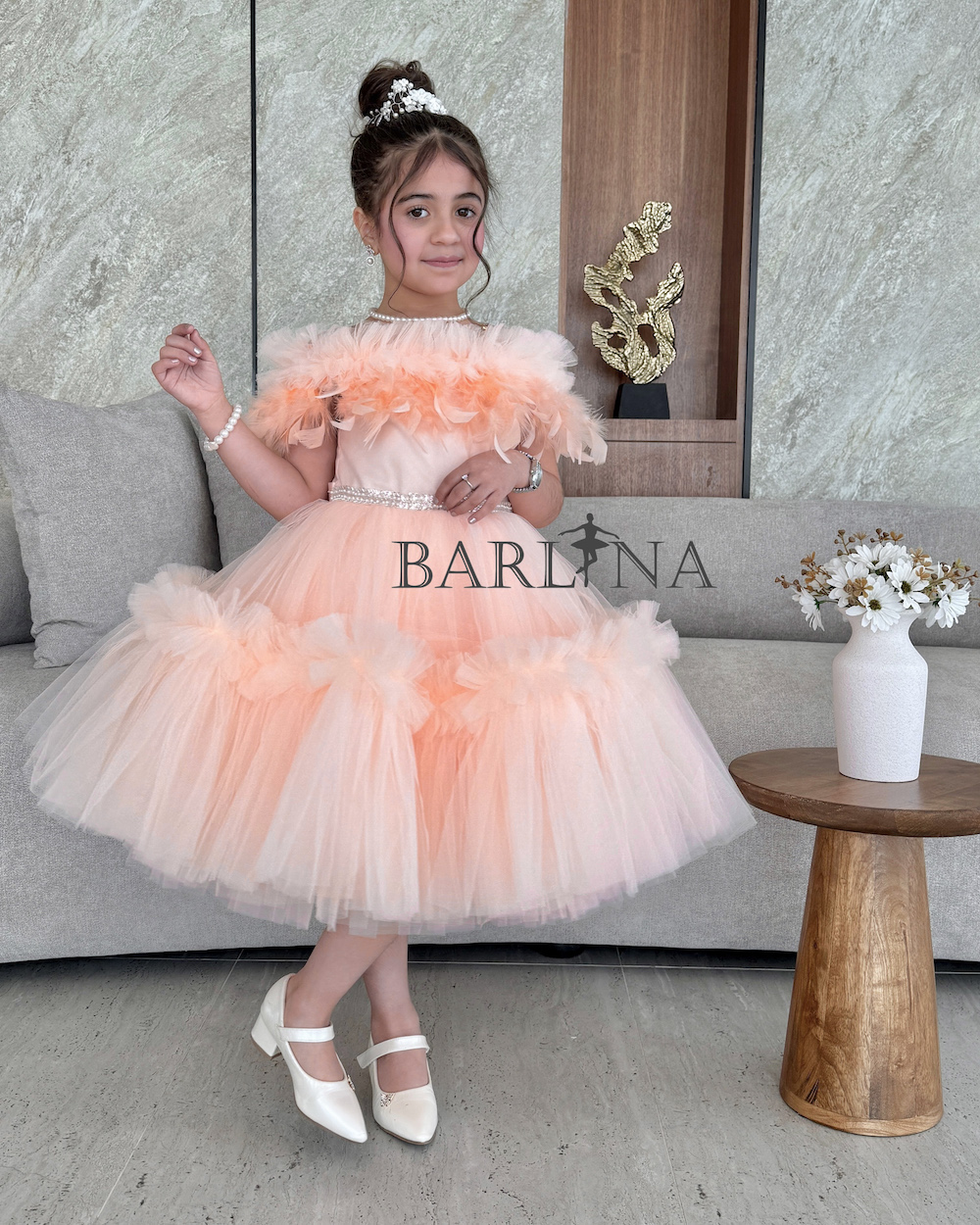 Girls peach layered dress with sparkly belt