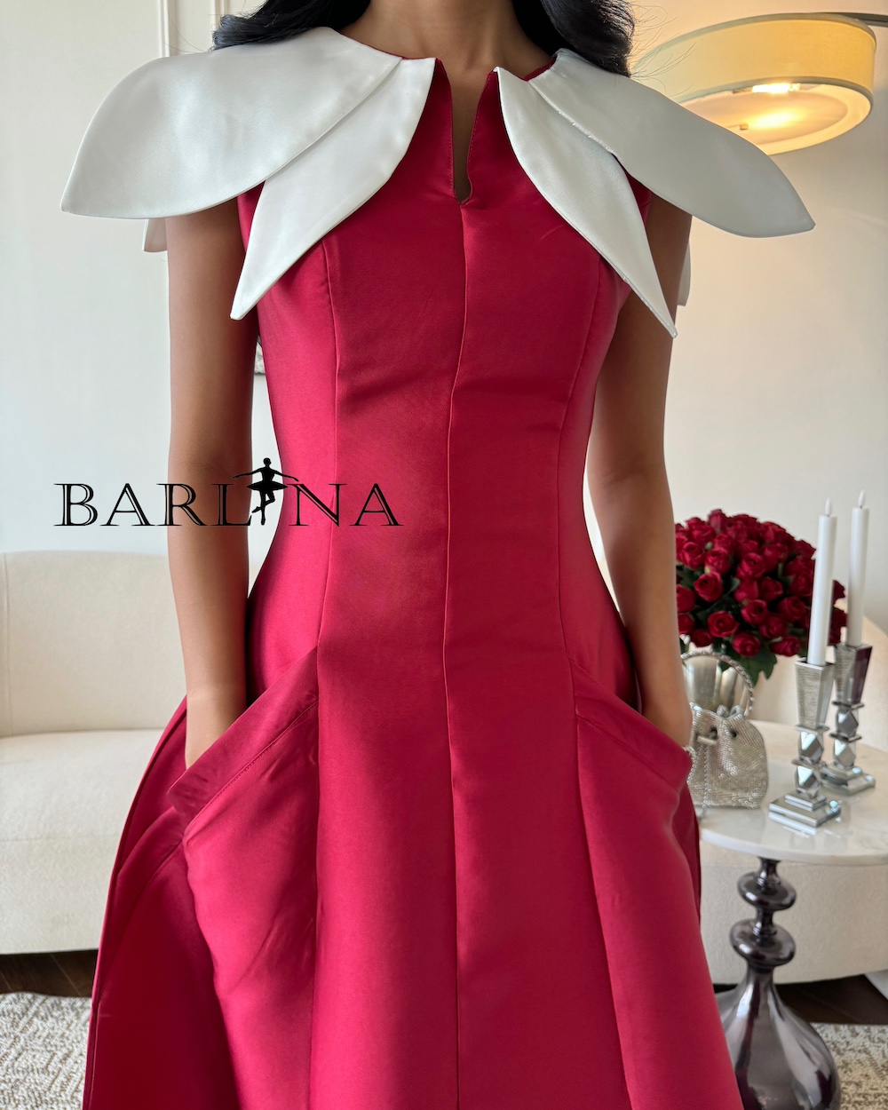 Red dress with pockets and white shoulders