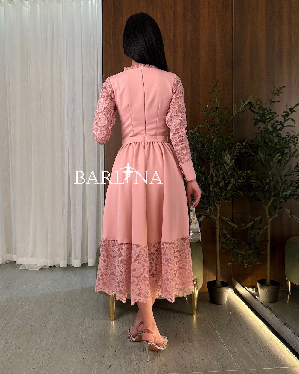 open lace back dress 1950s Dusty Pink Tulle and Lace Dress - XS