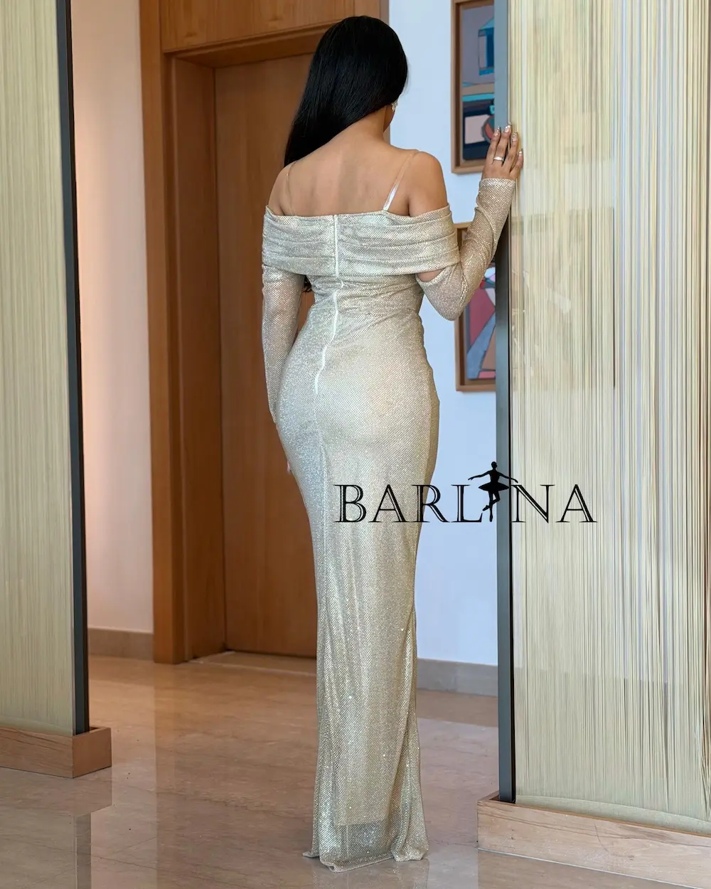 slim fit dress slacks Gold Fitted Dress With Shimmering Embroidery by TONY WARD – Elilhaam main image 0
