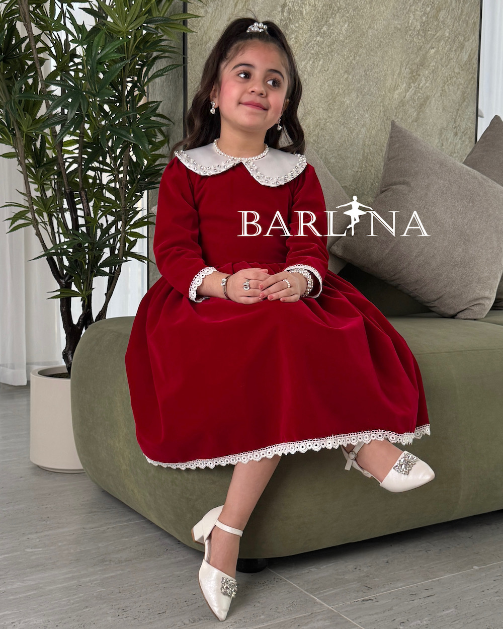 open lace back dress Red & White Velvet Tulle Party Dress main image 1