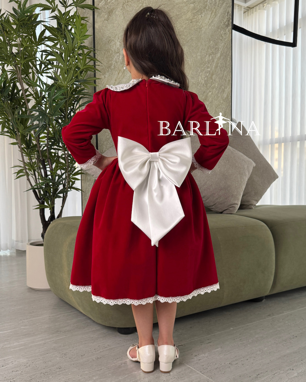Girls red velvet dress with pearl collar