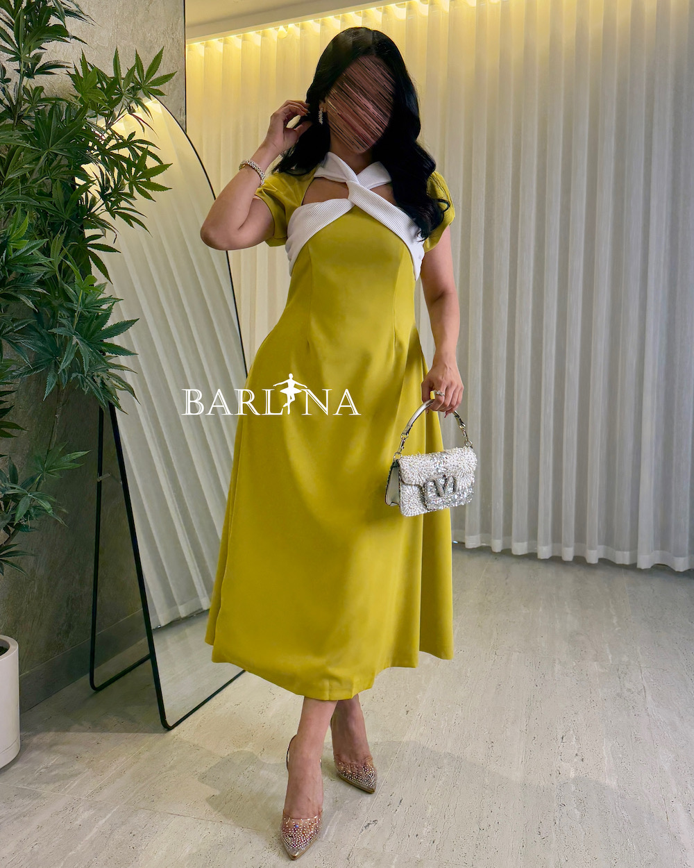 Lime green dress with white wrap collar