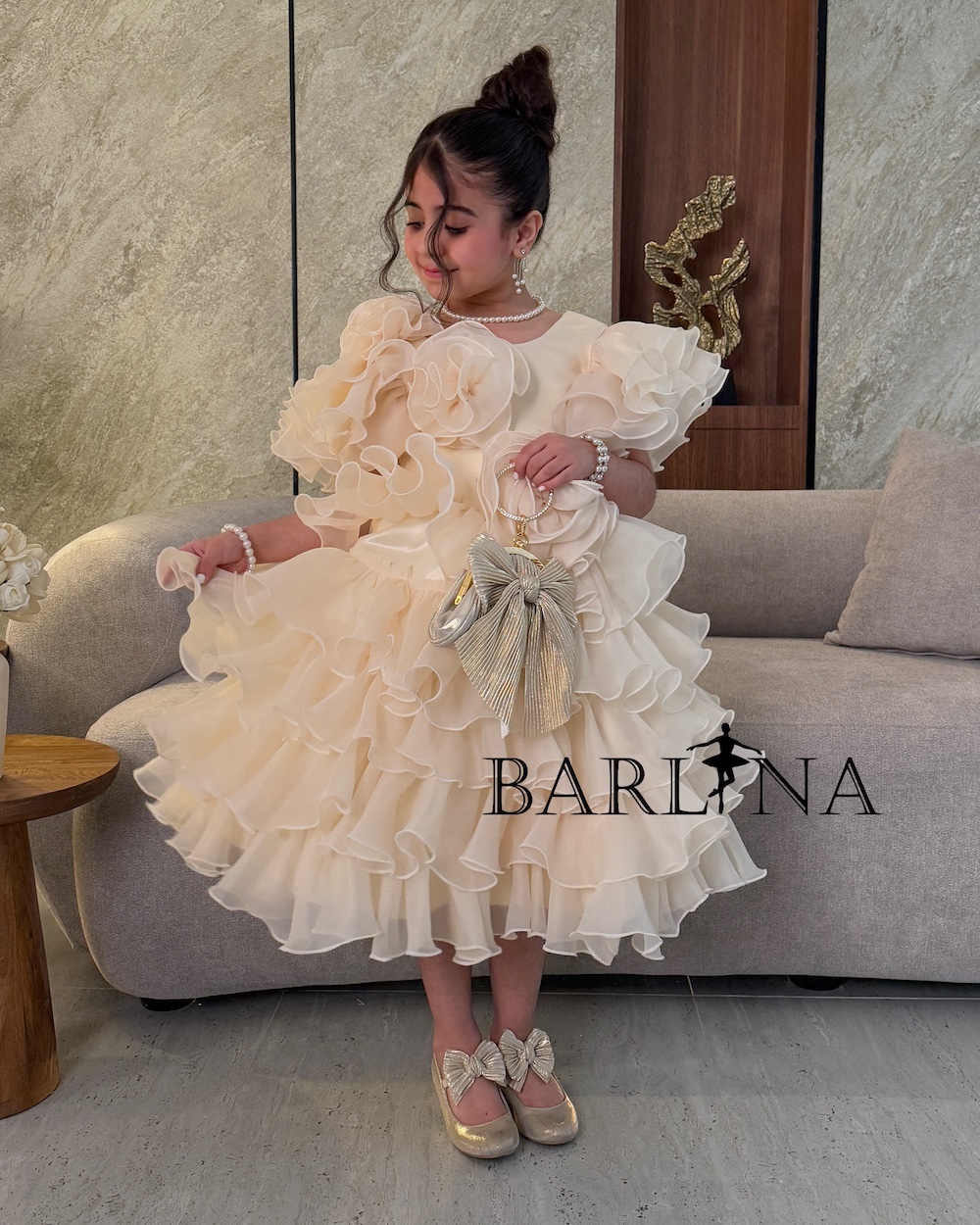 princess polly baby blue dress A little cute girl in a beige dress on the street on a summer day with