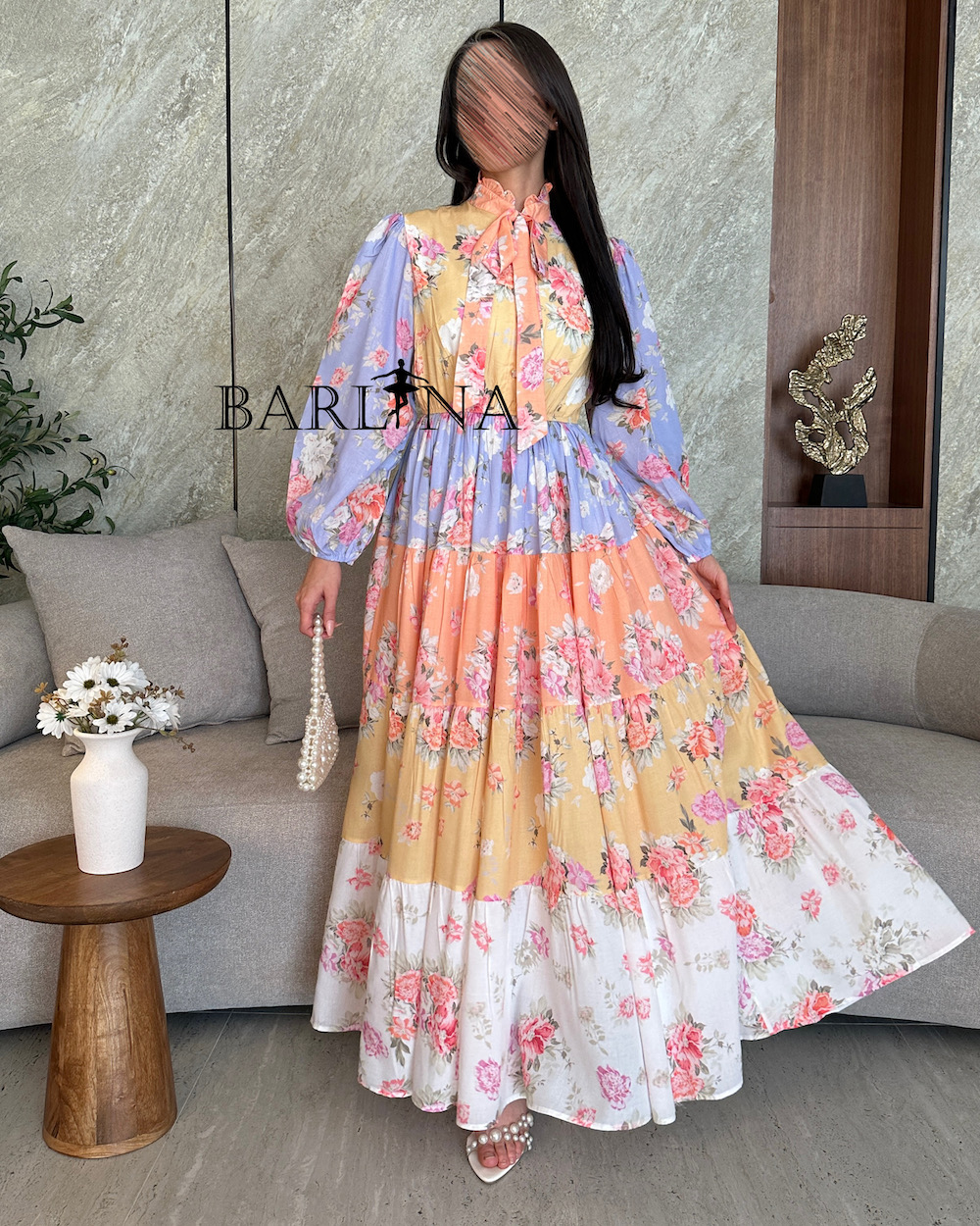 sachin and babi light blue dress Multicolor Digital Printed Viscose Satin With Hand Embroidery Dress – Mohi  fashion main image 0